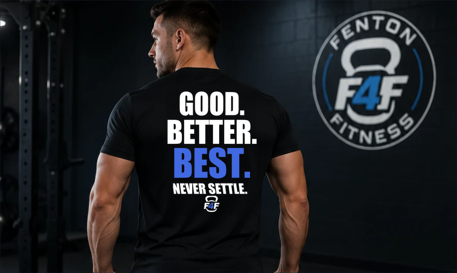 F4F training shirt with Good. Better. Best. Never Settle. back artwork