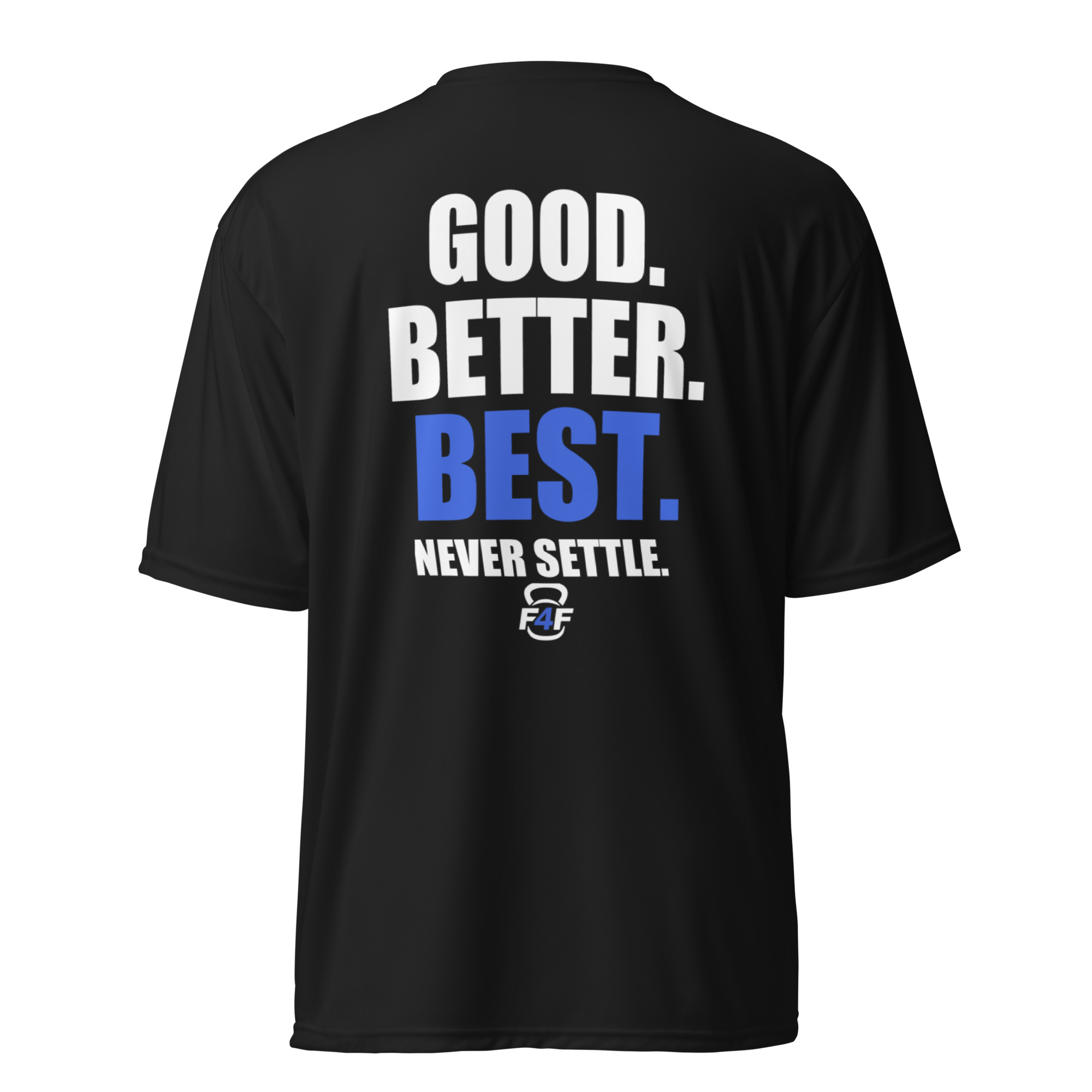 Back of Black F4F Performance Tee with Royal Blue slogan artwork