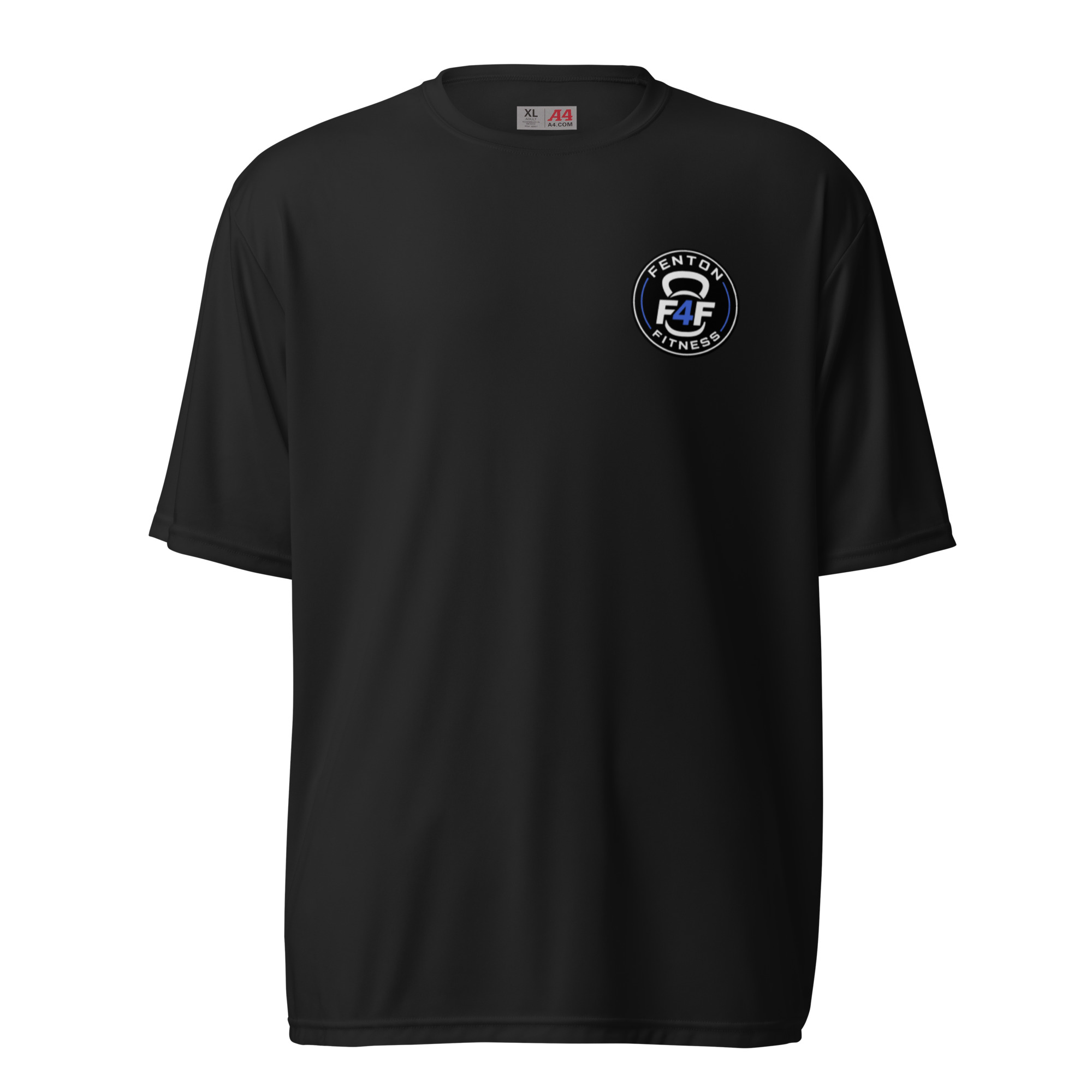 Front of Black F4F Performance Tee with Royal Blue logo artwork
